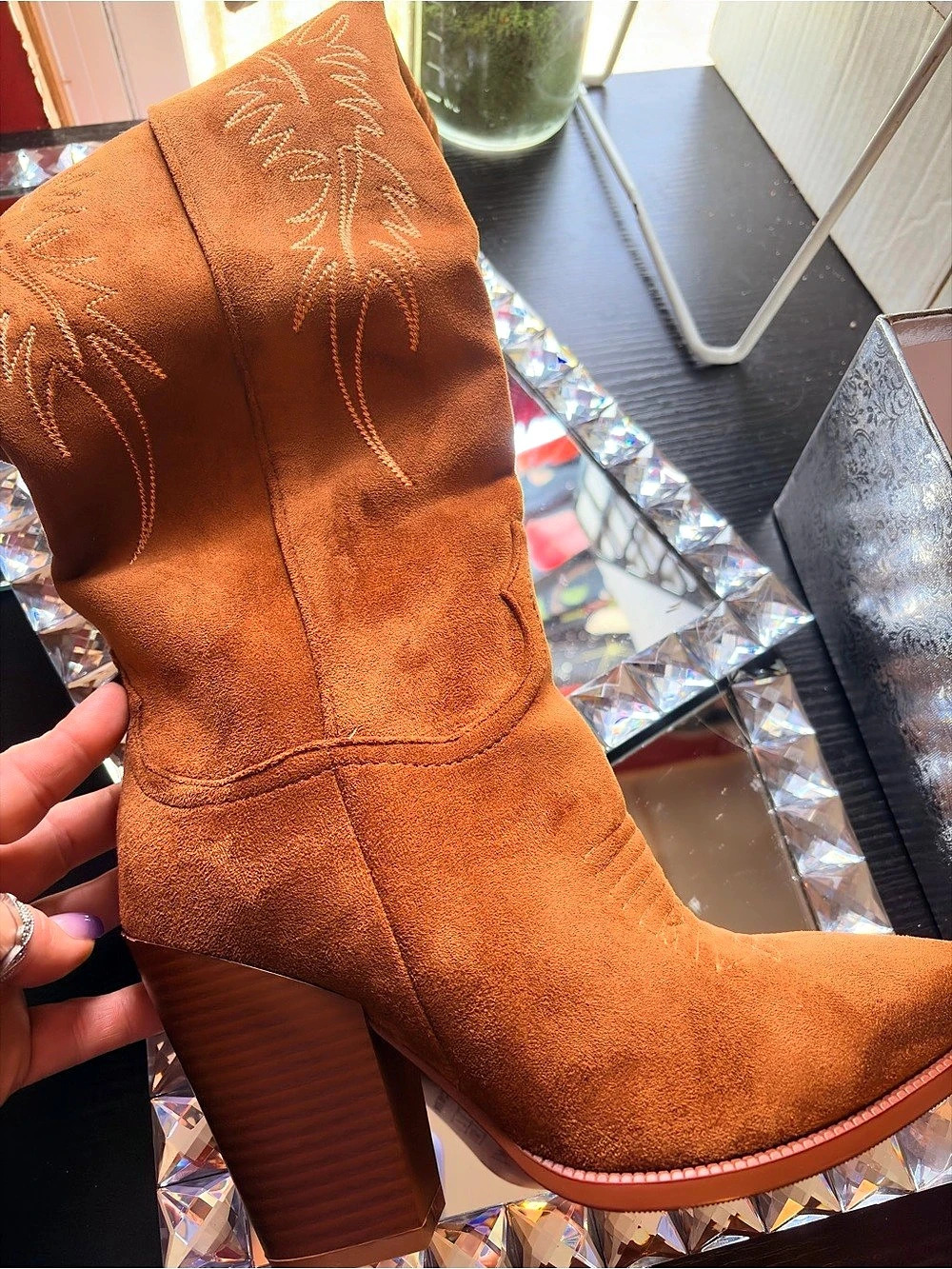 SNOMS Embroidered Heeled Western Boots in Brown NWT